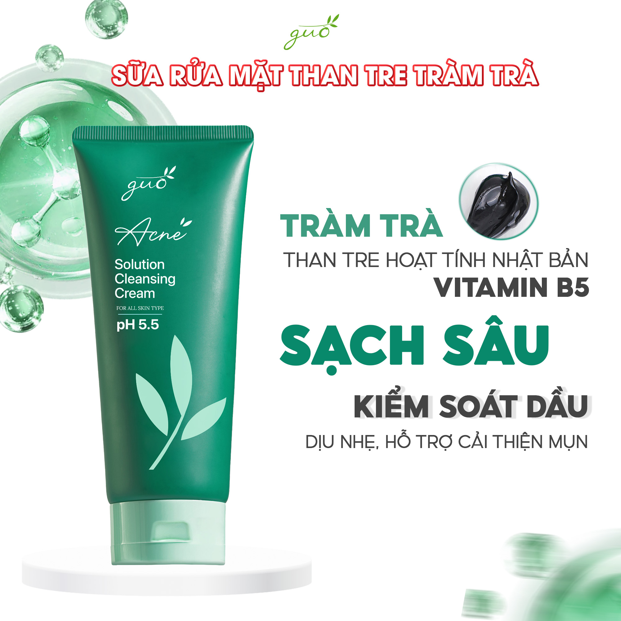 [Kiềm dầu 8 tiếng, ngừa mụn, không khô da] Sữa Rửa Mặt Than Tre Tràm Trà GUO 100gr