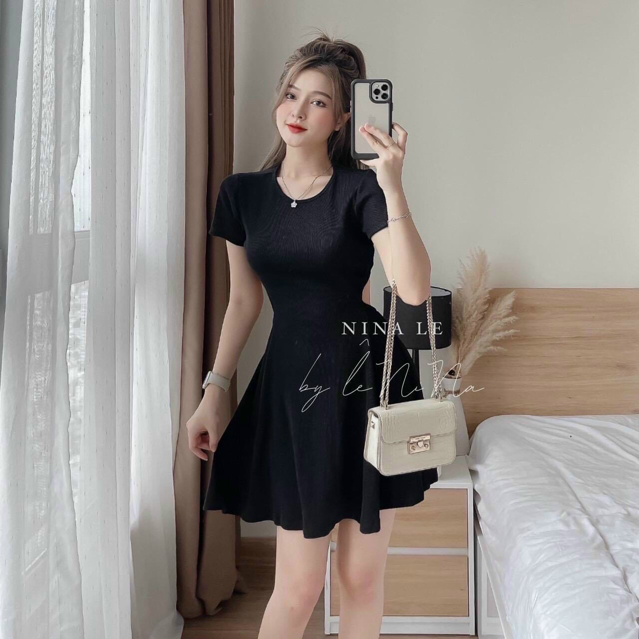 Váy đầm nữ dáng xòe hở eo cột nơ lưng xinh xắn