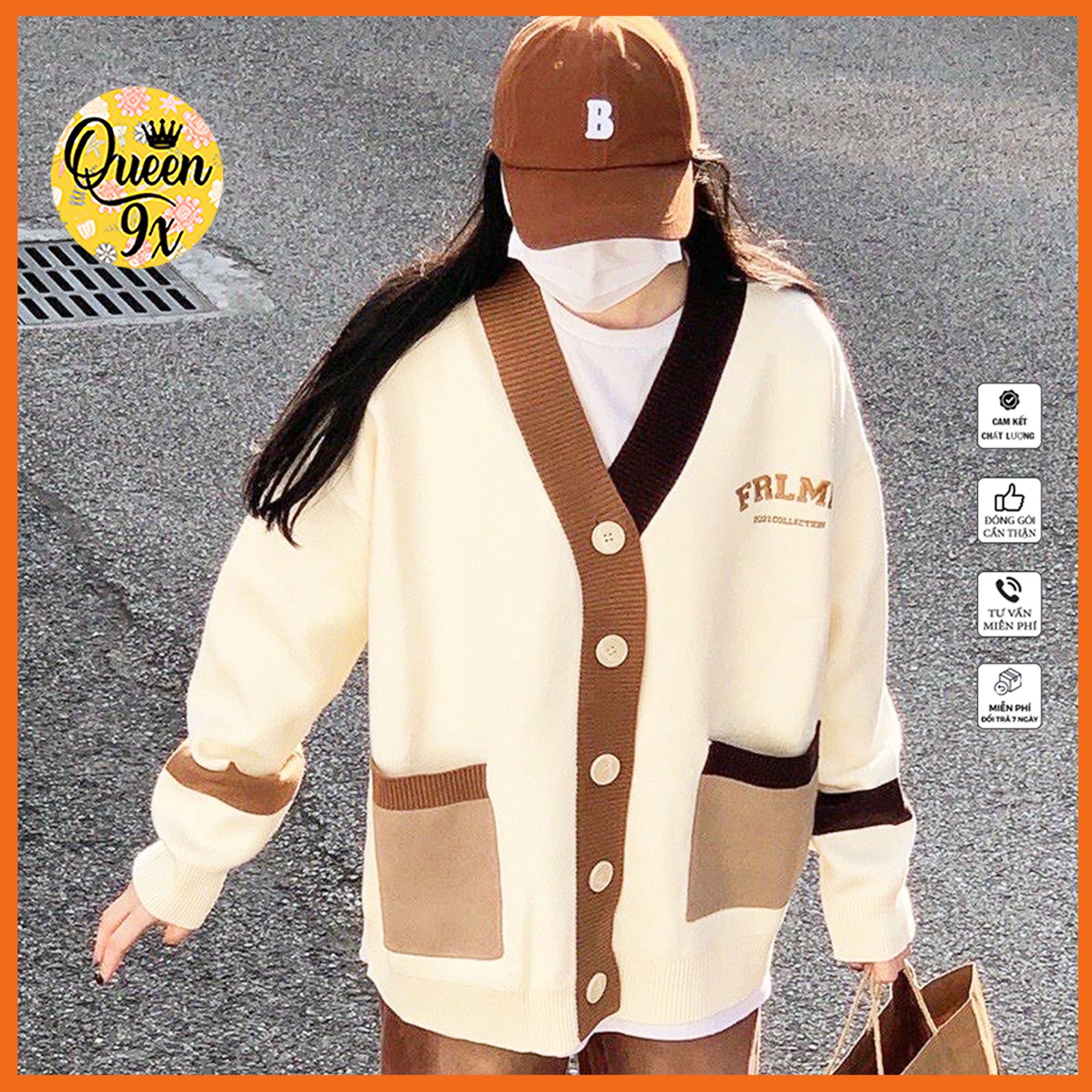Áo Khoác Cardigan Viền Xanh Nâu FRMLK Form Rộng Basic