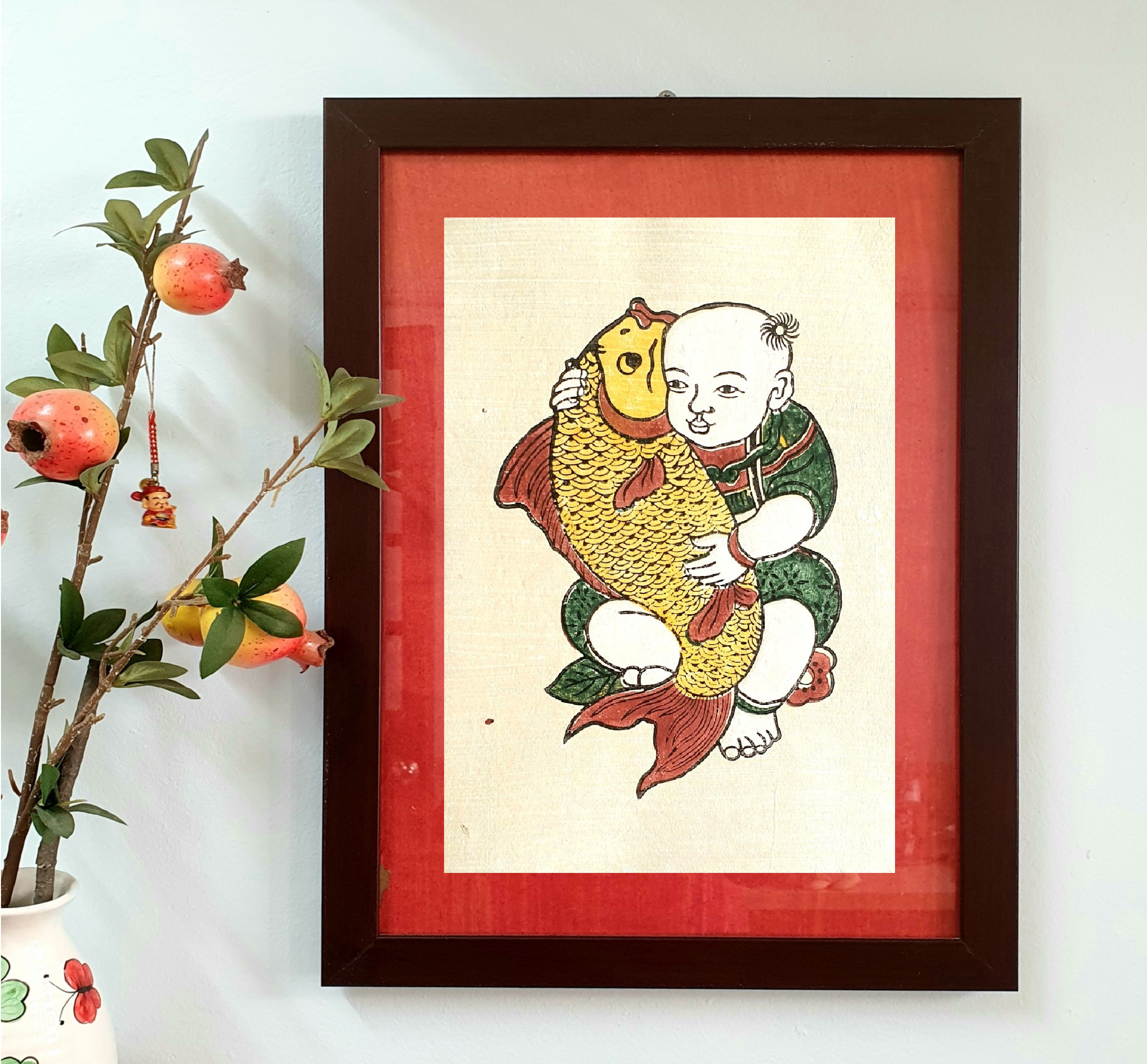 Little Boy Holding Carp - Dong Ho folk woodcut painting