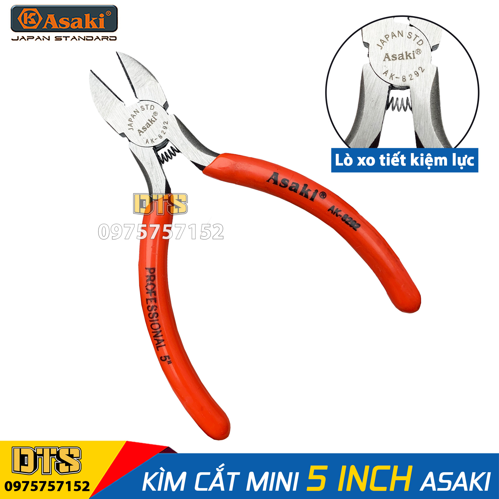 Kìm cắt mini 5 inch Asaki JAPAN STD AK-8292 125mm, thép CR-V độ cứng cao, lò xo tích hợp tiết kiệm sức lực, thiết kế tối ưu, gọn nhẹ, cầm nắm thoải mái, kìm mini Asaki, kềm mini, kềm cắt, kìm 5 in