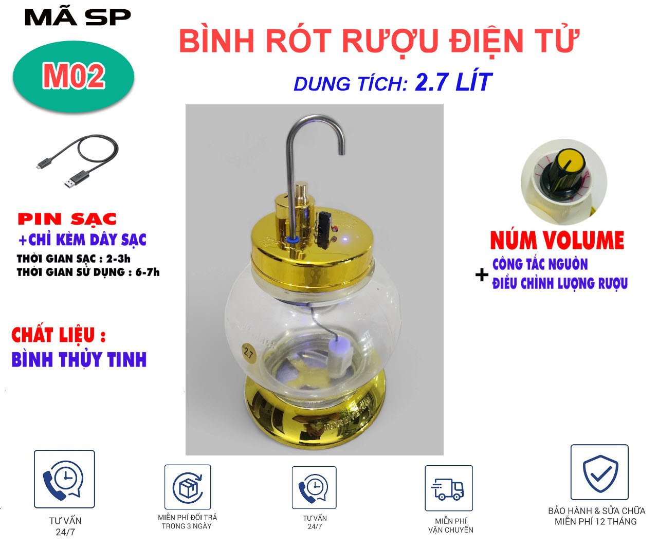 Bình rót rươu tự động thủy tinh cao cấp 2.7 lit