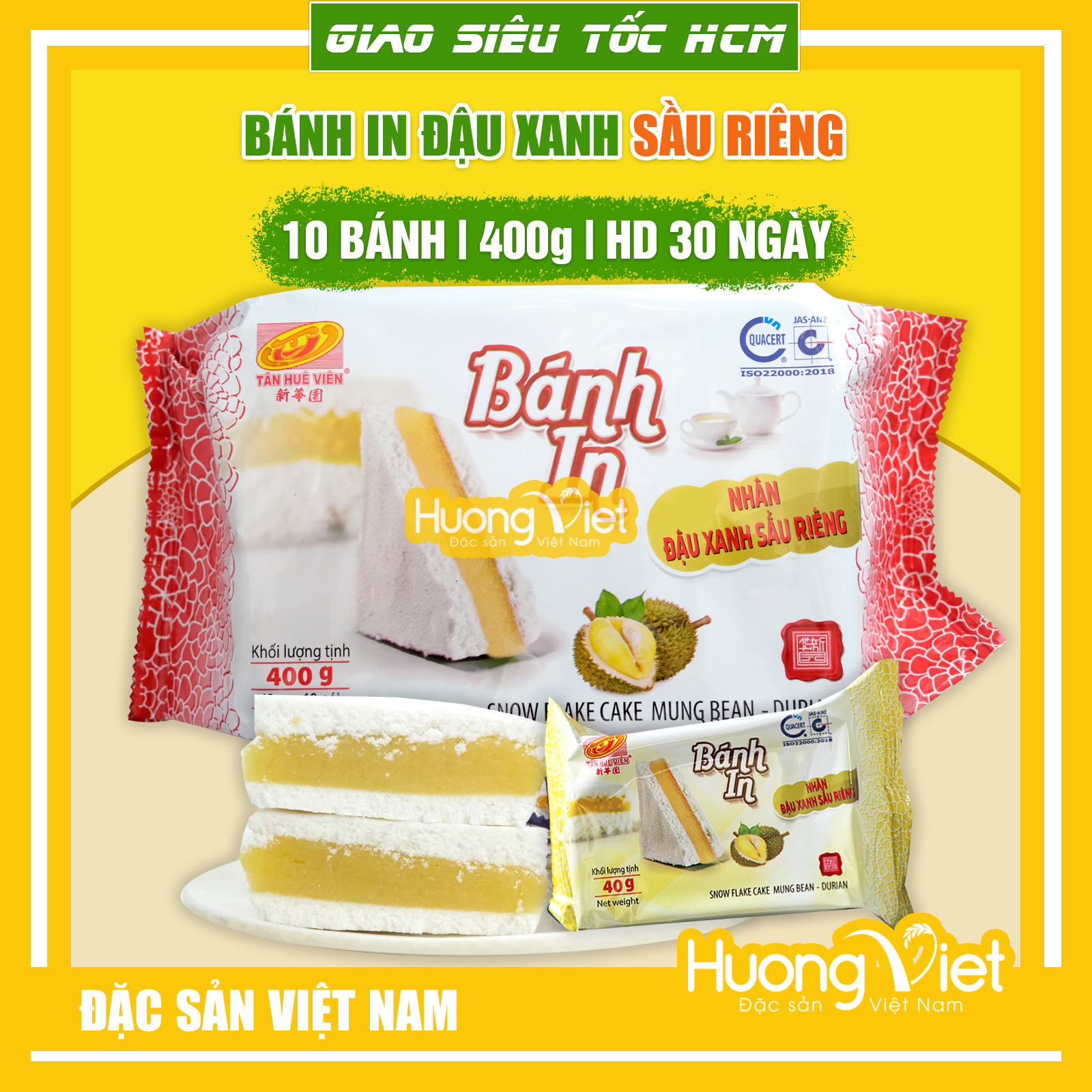 Bánh in đậu xanh sầu riêng 10 bánh nhỏ 400gr bánh in Sóc Trăng Tân Huê Viên nhân đậu xanh sầu riêng