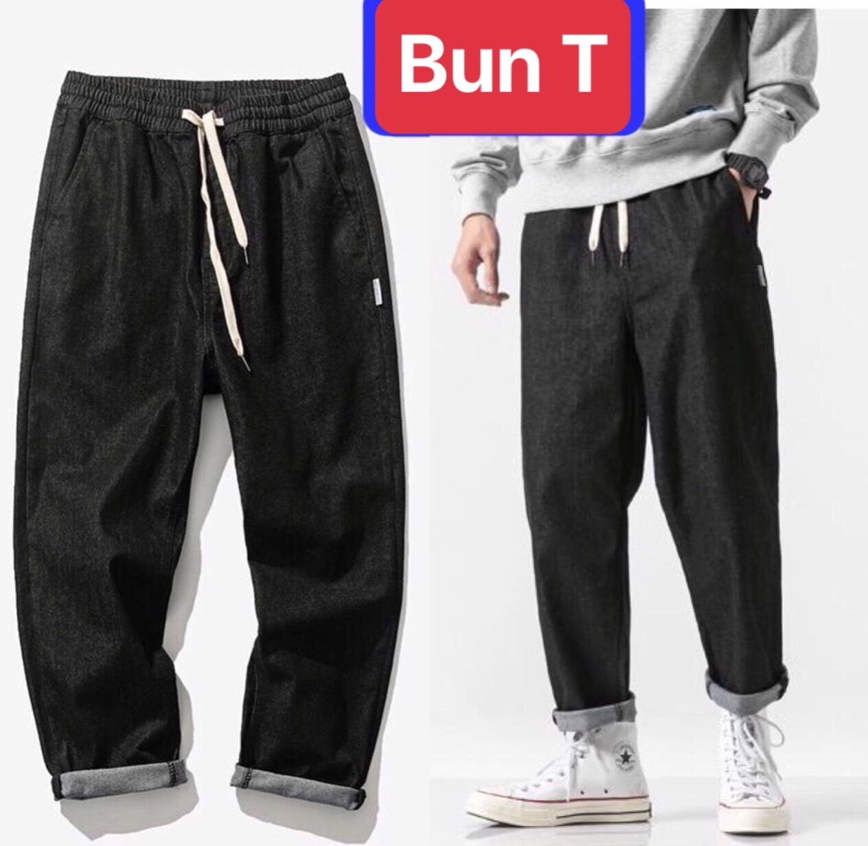 QUẦN BAGGY JEAN NAM CHẤT BÒ ĐEN ỐNG RỘNG DÀI LƯNG THUN CẠP CHUN XÌ TEEN HÈ HÀN QUỐC HOT TREND DB-41 - TRANG BUN FASHION