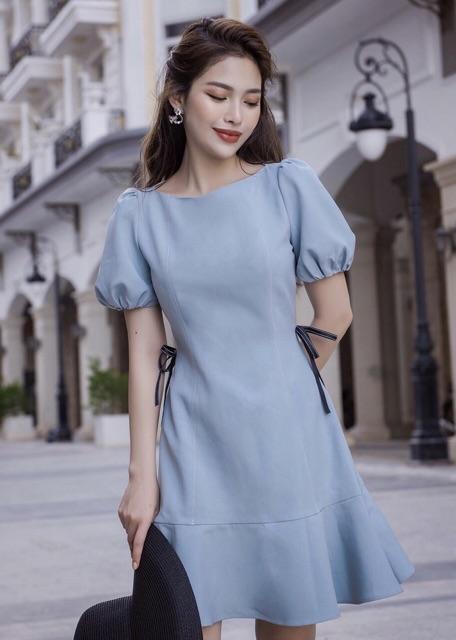 Đầm xanh xám nơ eo (kèm hình thật)
