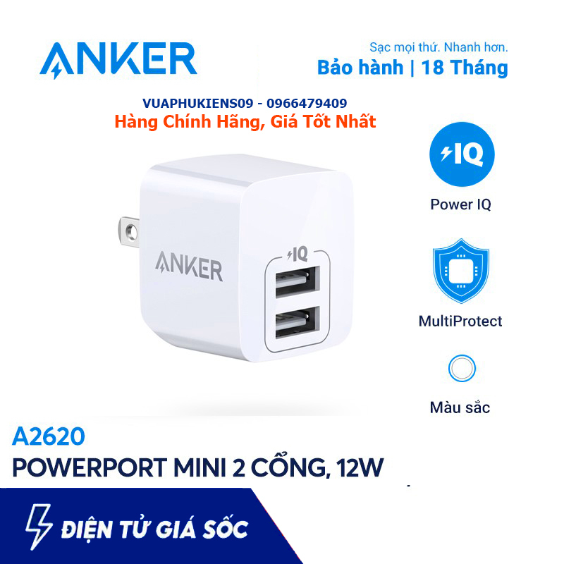 Củ Sạc 2 Cổng Anker A2620 12W PowerPort Mini