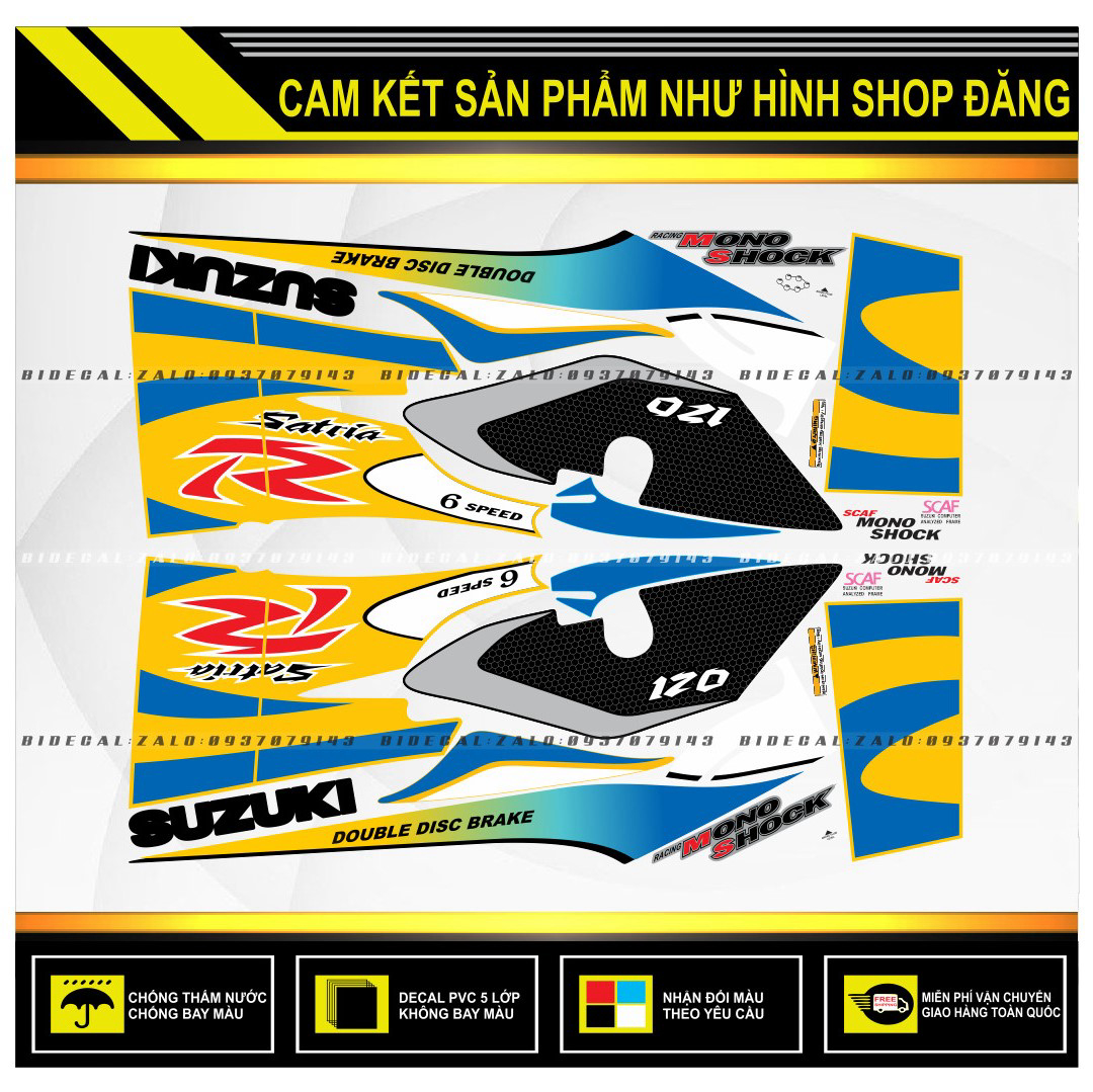 TEM RỜI SATRIA 2000 PHỐI DÁN XE VÀNG BỤNG TRẮNG