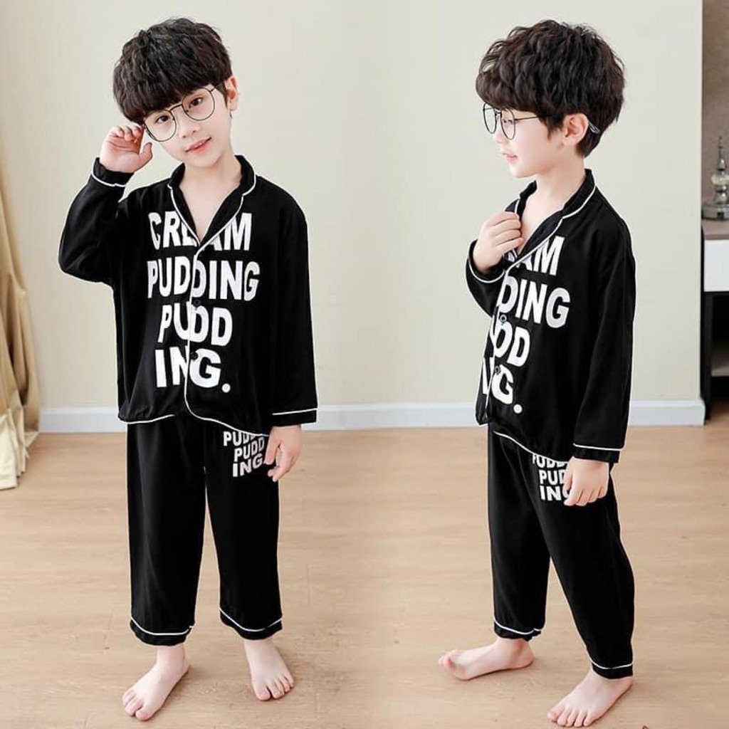 Pijama lụa dài tay in chữ cho bé từ 6-28Kg SUMO CITY, Bộ đồ ngủ dài tay cho bé trai và bé gái mặc đều xinh