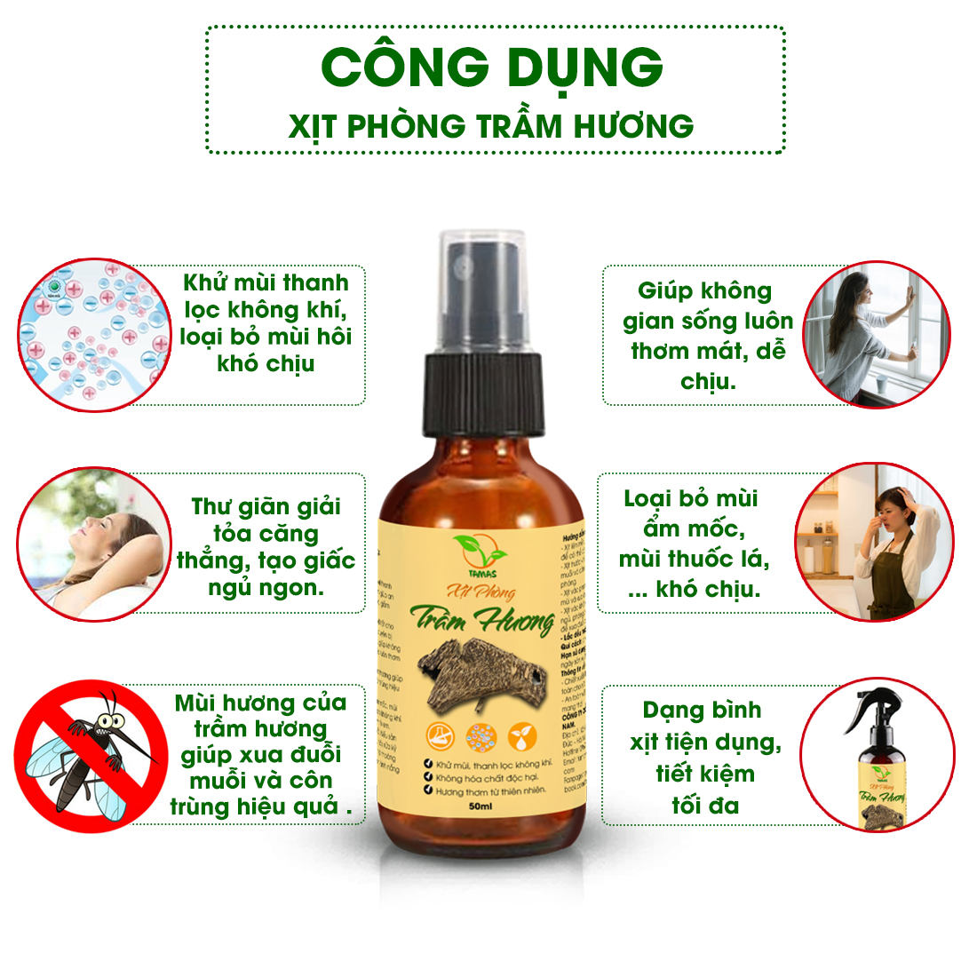COMBO 3 chai xịt thơm phòng thư giãn, đuổi côn trùng( Trầm Hương 50ml + Hoa Cam 50ml+ Bạc Hà 50ml)- TAMAS.