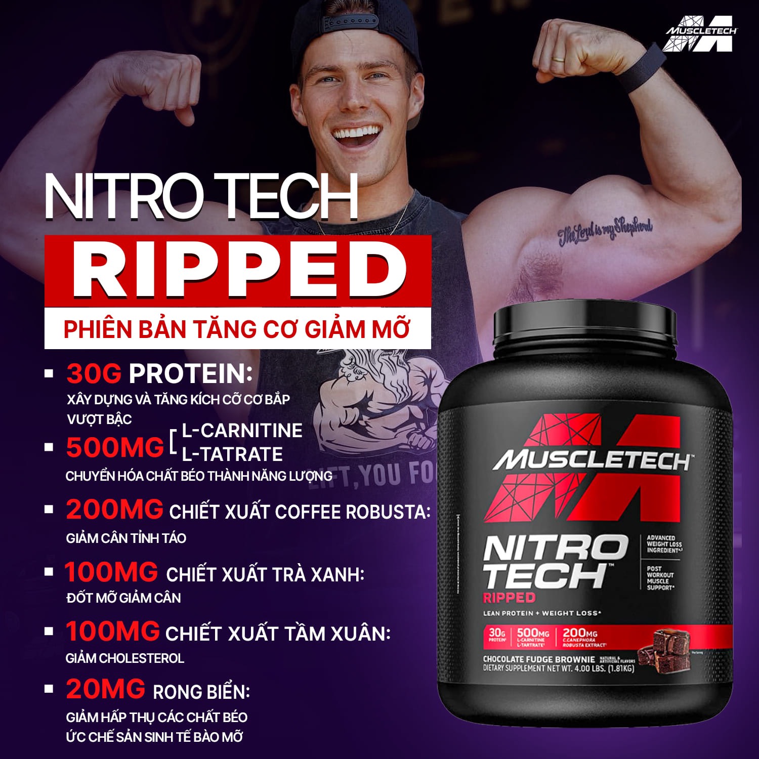 Whey Tăng Cơ và Giảm Mỡ MuscleTech Nitro Tech Ripped 4lbs