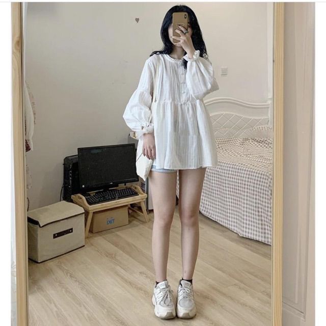 áo babydoll cúc bọc ảnh thật