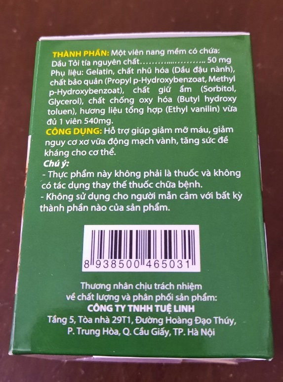 Dầu Tỏi Tuệ Linh hỗ trợ giảm mỡ máu, giảm nguy cơ xơ vữa động mạch vành (100 viên)
