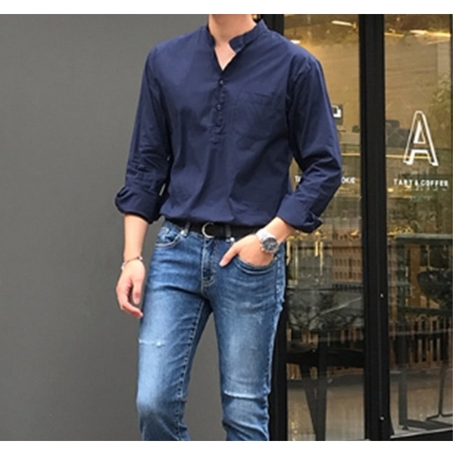 [HCM]Áo sơ mi nam cổ trụ dài tay sọc đẹp