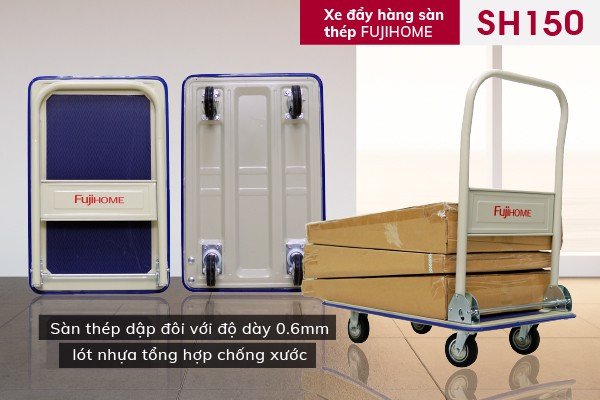 Xe đẩy hàng 4 bánh gấp gọn 100kg Nhập Khẩu CN Nhật Bản Fujihome SH150, bánh cao su siêu bền chống ồn, xe kéo hàng sàn thép gấp gọn đa năng xếp gọn - Bảo hành 1 năm