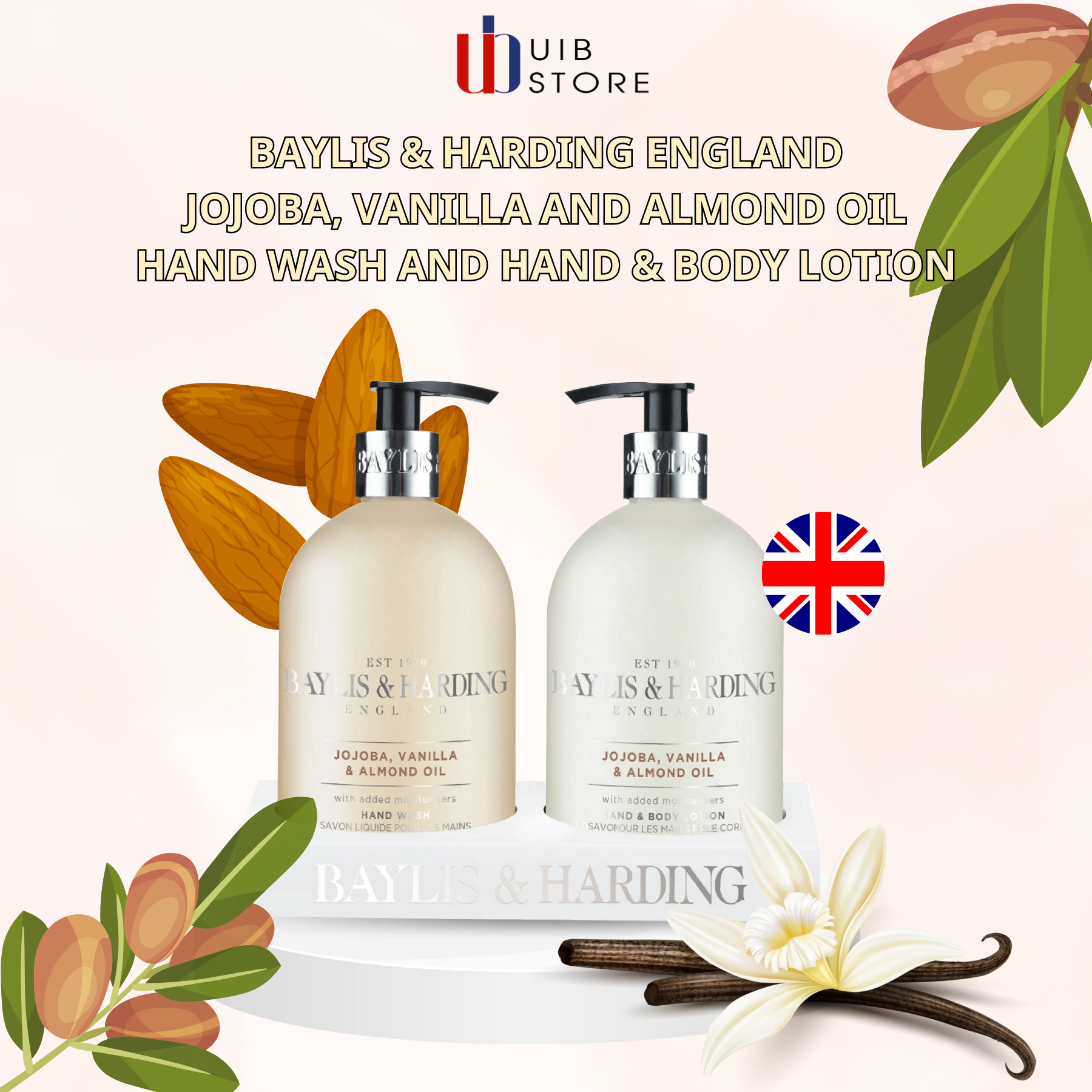 Baylis & Harding Jojoba, Vanilla & Almond Oil 2 Bottle Set In An Acrylic Rack - Set 2 món rửa tay và chăm sóc da bổ sung chất dưỡng ẩm 300ml