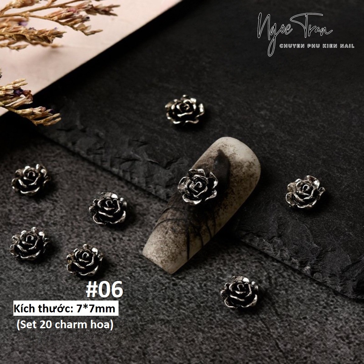 Set 20 charm hoa hồng vàng gold retro baroque | trang trí móng tay