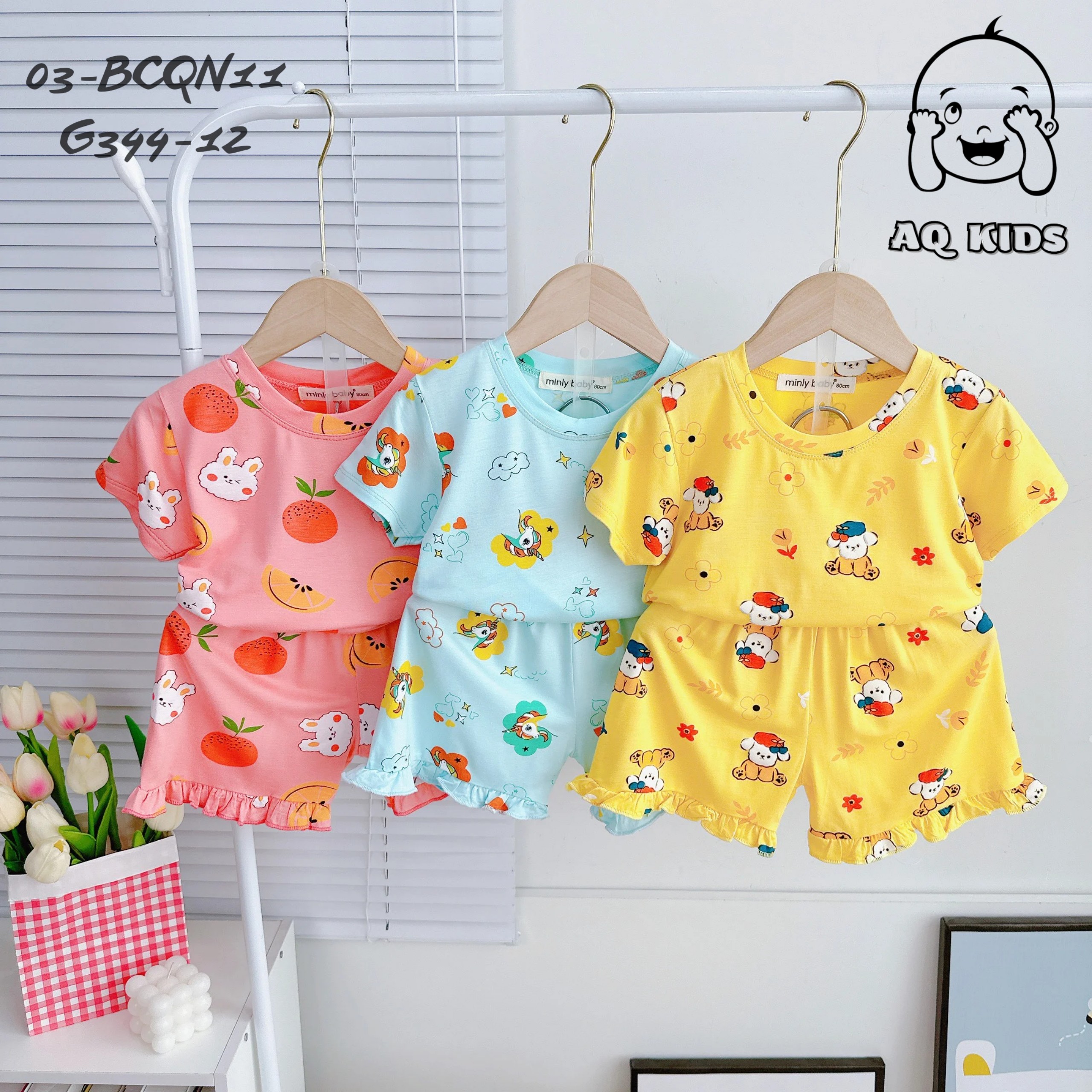 [BÉ 7-30kg] Bộ Thun Lạnh Minly Baby Cộc Tay Bé Gái Bộ Quần Áo Cộc Tay Bé Gái Phối Bèo Tay Điệu Đà Unibaby - G344