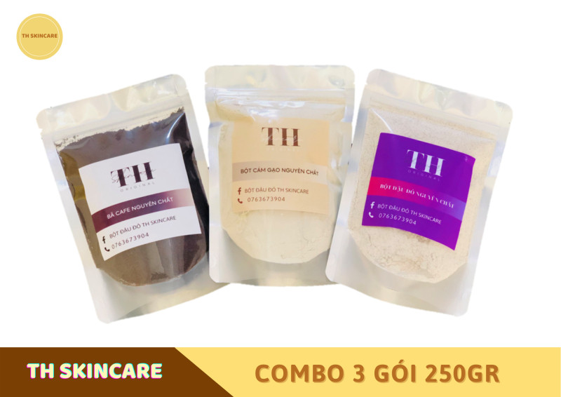Combo 3 gói 250 gram Bột thiên nhiên dưỡng da TH Skincare: Đậu đỏ + Cám gạo + Cafe