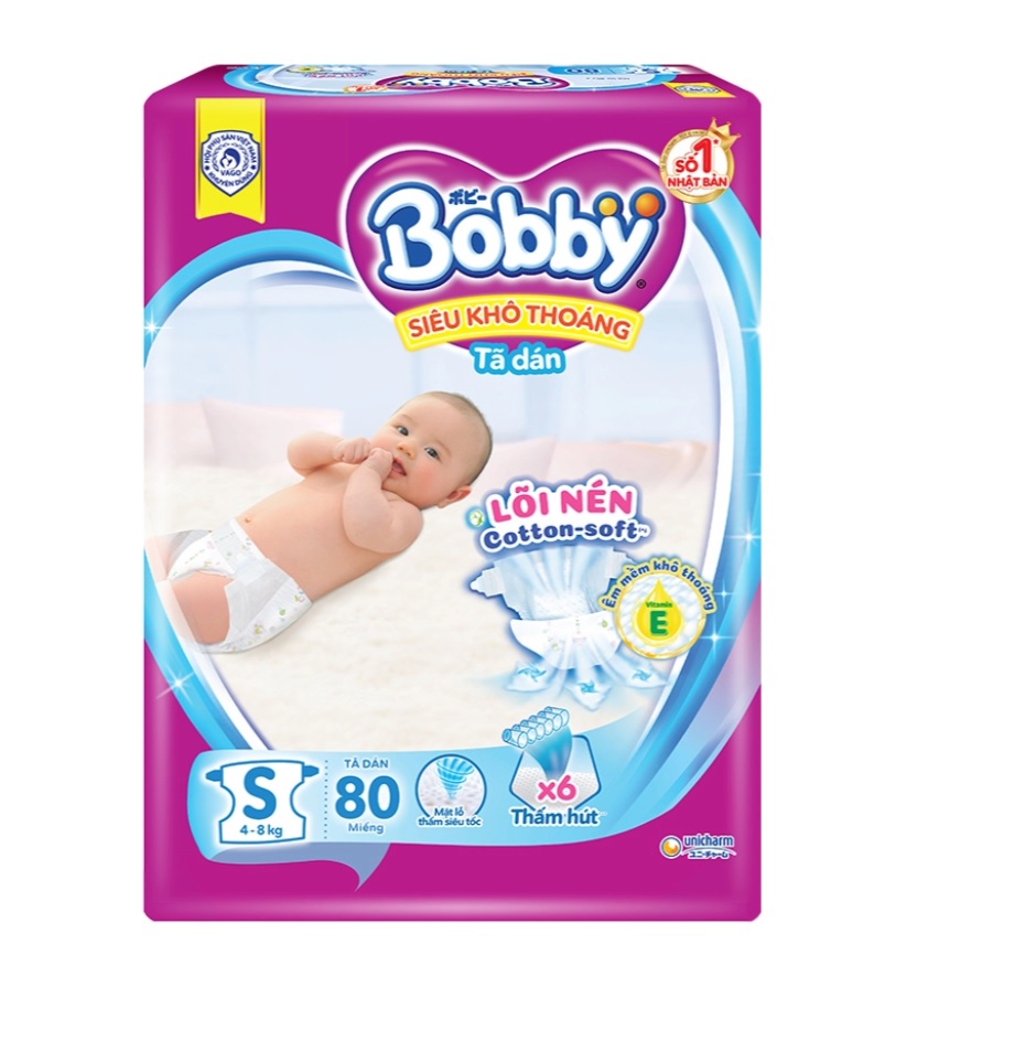 Bỉm/Tã dán Bobby size S80/S80+6m (tã dán cho trẻ sơ sinh nặng 4-8 kg)
