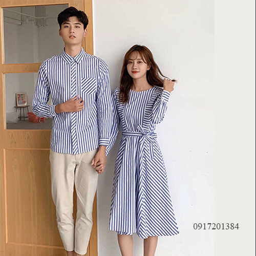 Đầm đôi somi sọc xanh trắng (giá gồm đầm nữ và áo nam)