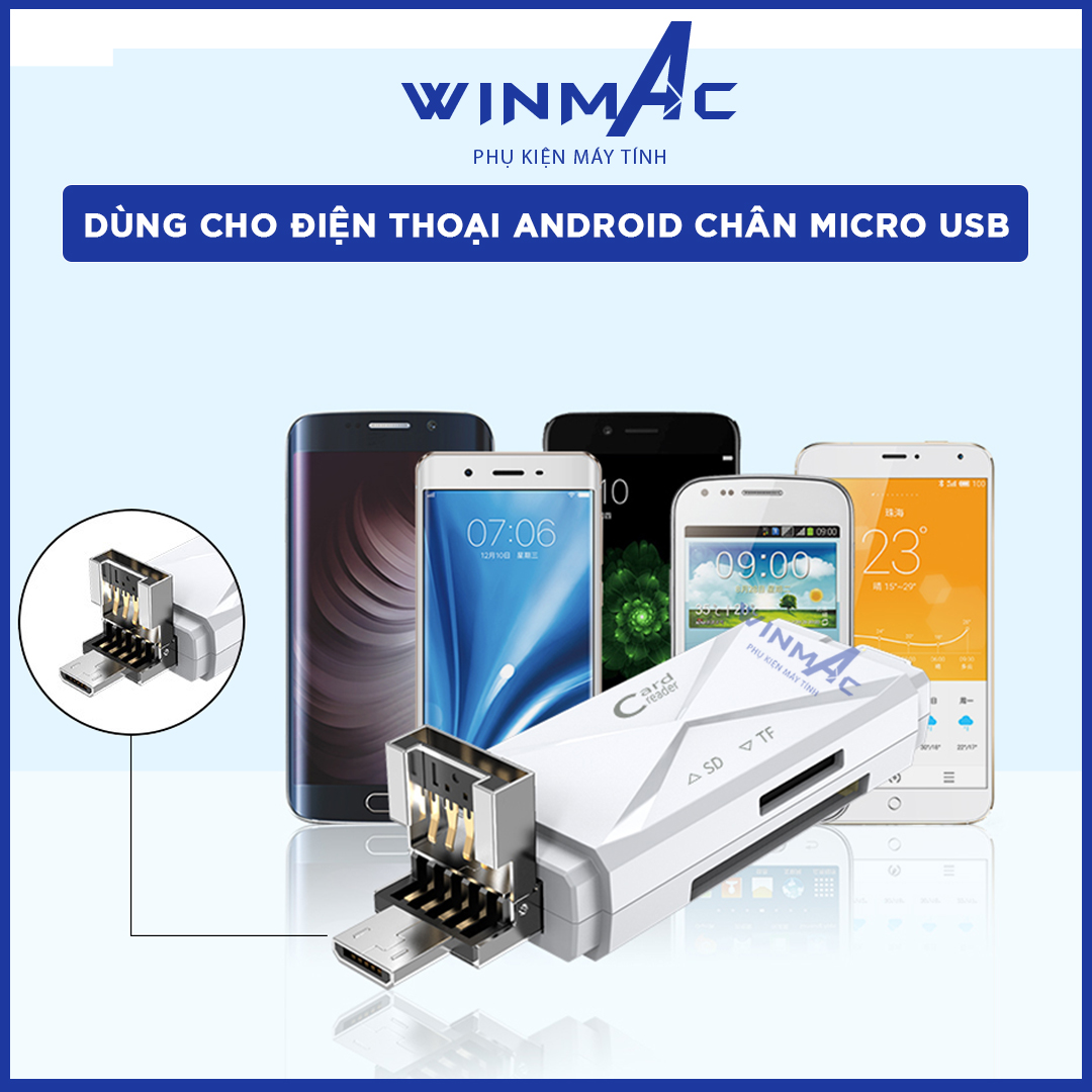 Đầu Đọc Thẻ Nhớ iPhone, Android, Máy tính - Hỗ trợ thẻ SD/Micro SD - Cổng USB / Lightning / Micro USB - Winmac
