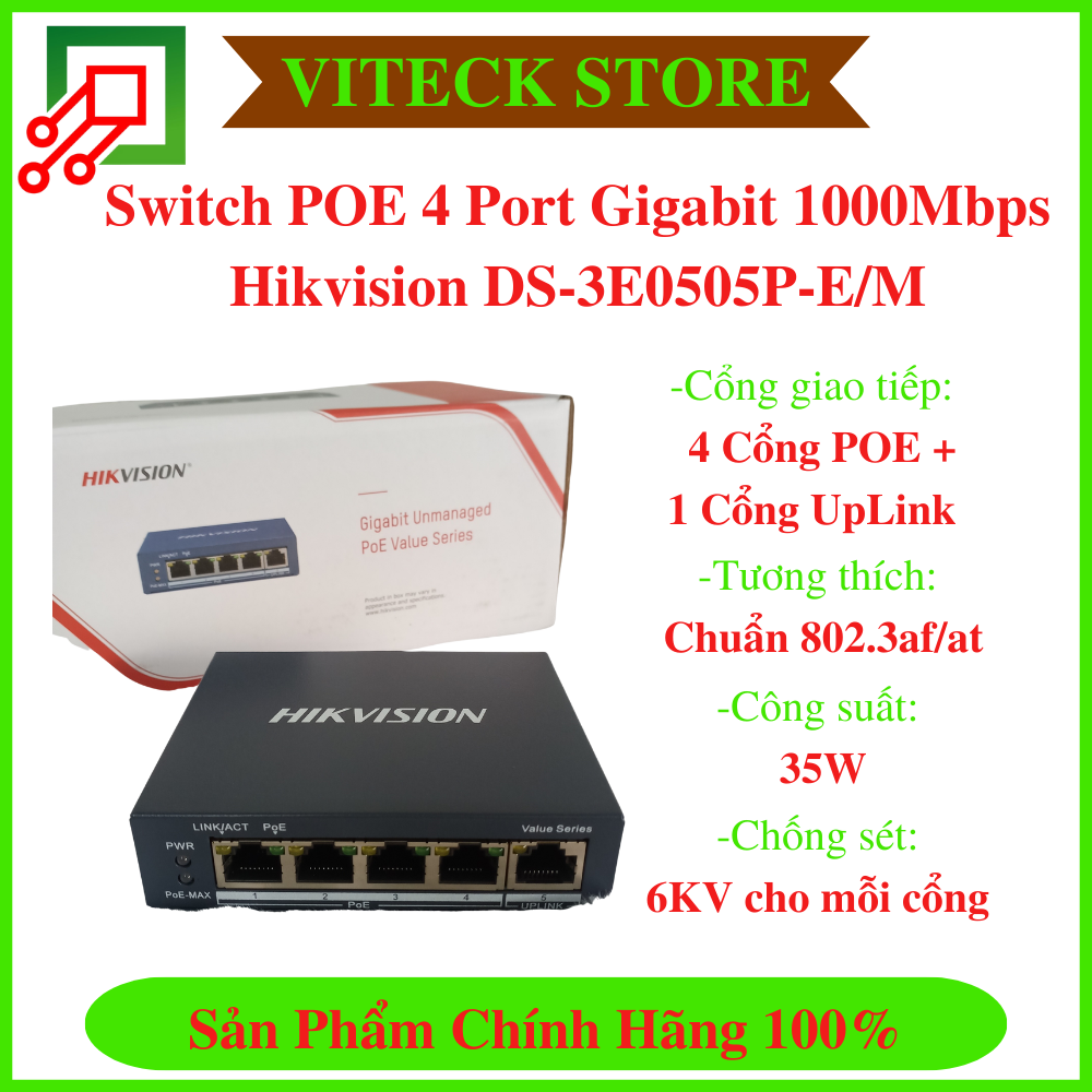 Switch poe 4 port gigabit 1000mbps hikvision ds-3e0505p-e/m chính hãng - bh 2 năm