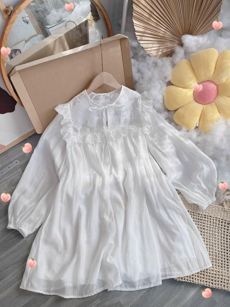 ĐẦM BBD TRẮNG CỔ BÈO VÂN HOA TAY DÀI