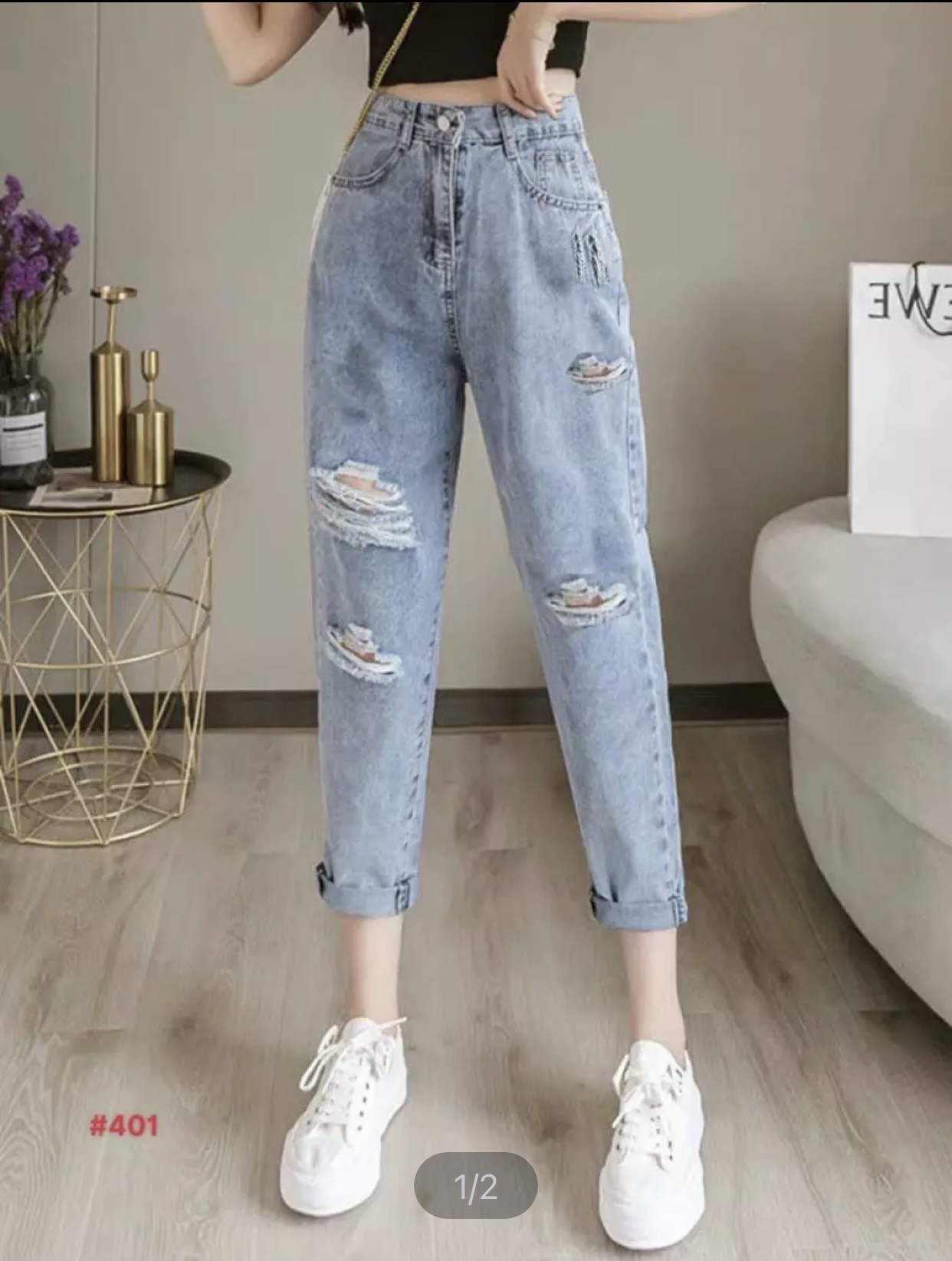 Ghobfpe Quần Bò Rách Thời Trang Nữ Mới Đàn Hồi Eo Quần Quần Denim Bó ...