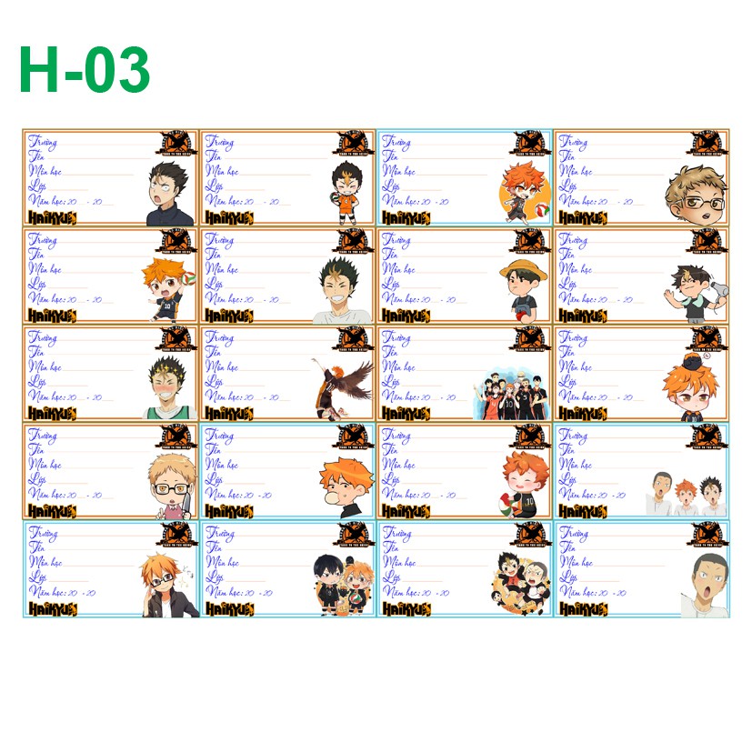 Nhãn vở anime Haikyuu! (1 set 20 nhãn vở - mẫu khác nhau)