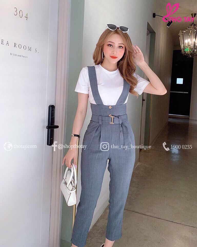 [HCM]Set yếm quần dài áo thun tay con thắt lưng eo