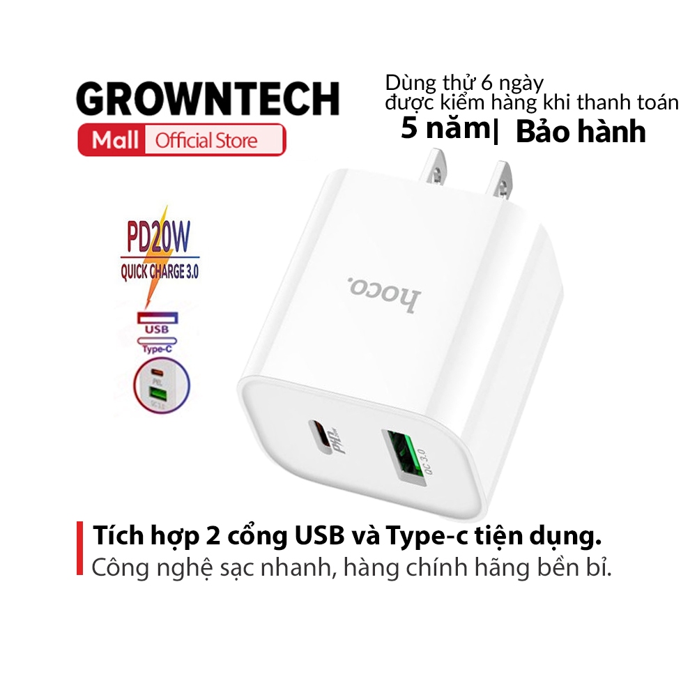 Củ sạc chính hãng hoco c80 pd 20w dòng 2023 sạc nhanh 2 cổng usb + typec tối đa 3a q.c 3.0 tương thích nhiều thiết bị