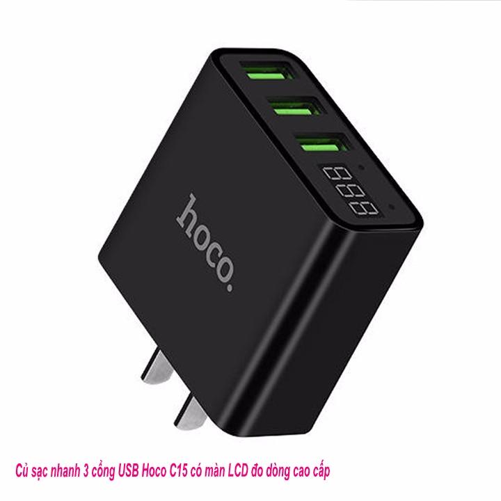 Củ sạc nhanh 3 cổng Hoco C15 có màn LCD đo dòng cao cấp