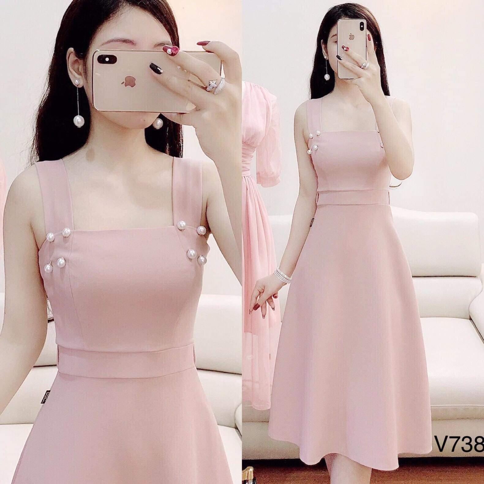 V6562 Váy tiểu thư màu hồng tafta | The Queen Fashion