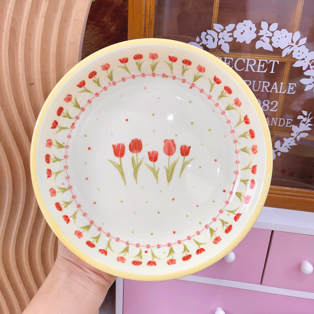 Bát đĩa decor, Chén dĩa dễ thương, Chén ăn cơm Bộ bát đĩa sứ hoạ tiết hoa Tulip đỏ siêu xinh