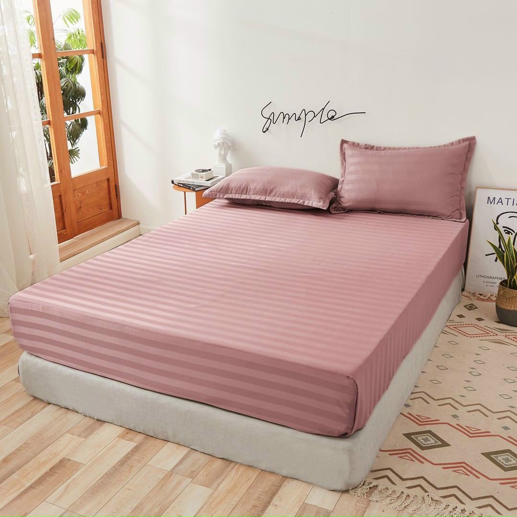 (Tặng Áo Gối Ôm) Bộ Ga Gối Cotton Lụa Sọc 3F Lan Pham Bedding - Hồng