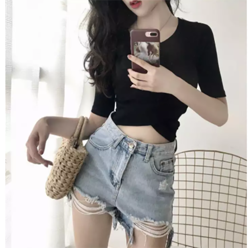 Áo thun croptop xoắn eo tay ngắn cực đẹp, vải gân mịn dày