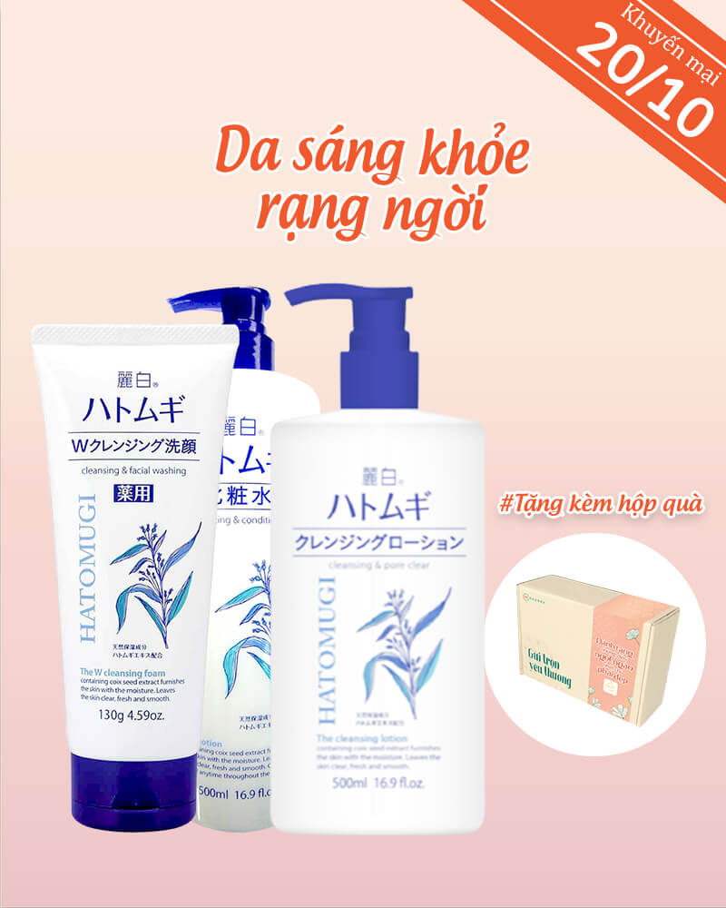 [TẶNG KÈM HỘP QUÀ Ý NGHĨA] Set Quà Nước Tẩy Trang, Sữa Rửa Mặt, Lotion Dưỡng Ẩm Reihaku Hatomugi Nhật Bản