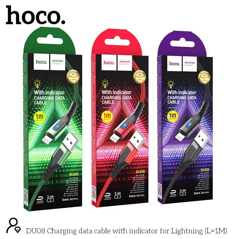 Cáp Sạc iPhone Báo Đèn Hoco DU08 1M/2M - Cáp Sạc cho iPhone Nhanh 2.4A, Cáp Dây Dù Siêu Bền Cho iPhone 5/5S/6/6S/7/8/X/11/12/13/iPad [CHÍNH HÃNG]