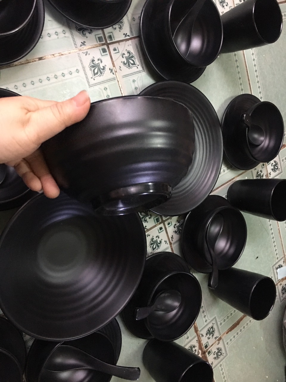 Combo 10 bộ chén và dĩa úp chén melamine màu đen nhám