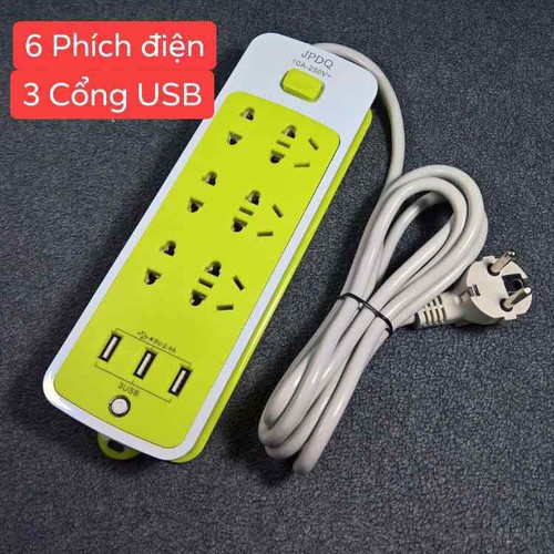 Ổ Điện Đa Năng 3 Cổng USB + 9 Ổ Cắm, Ổ điện màu xanh lá nhỏ gọn tiện lợi