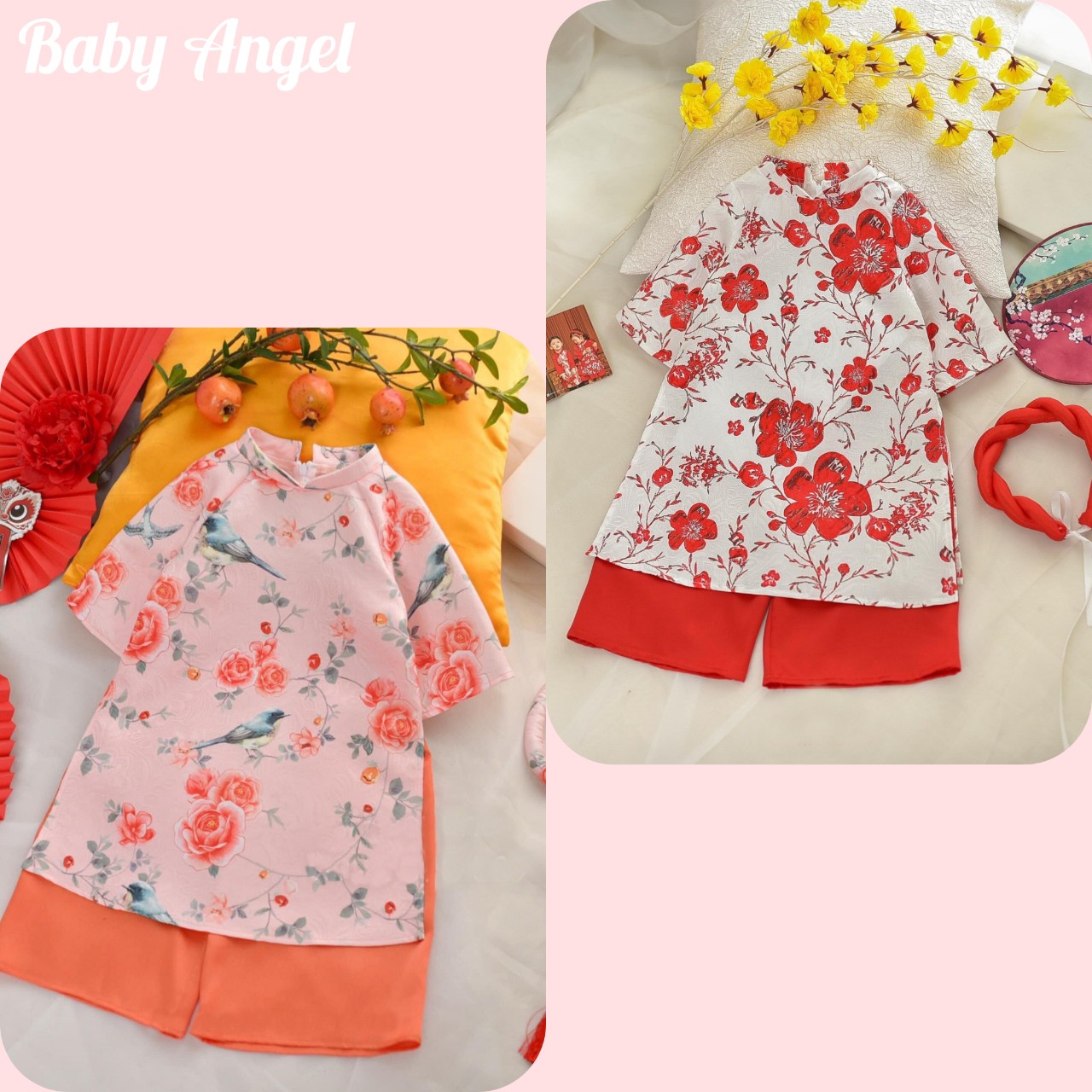 [8-30kg] Áo dài cách tân bé gái hoa mai,áo lụa quần lụa satin kèm mấn