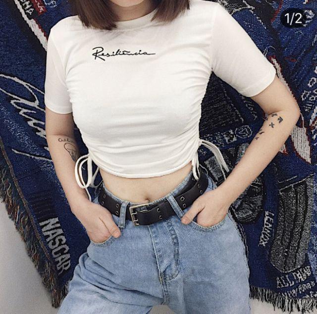 Áo croptop chất thun lạnh rút dây 2 bên in chữ kiểu siêu xinh