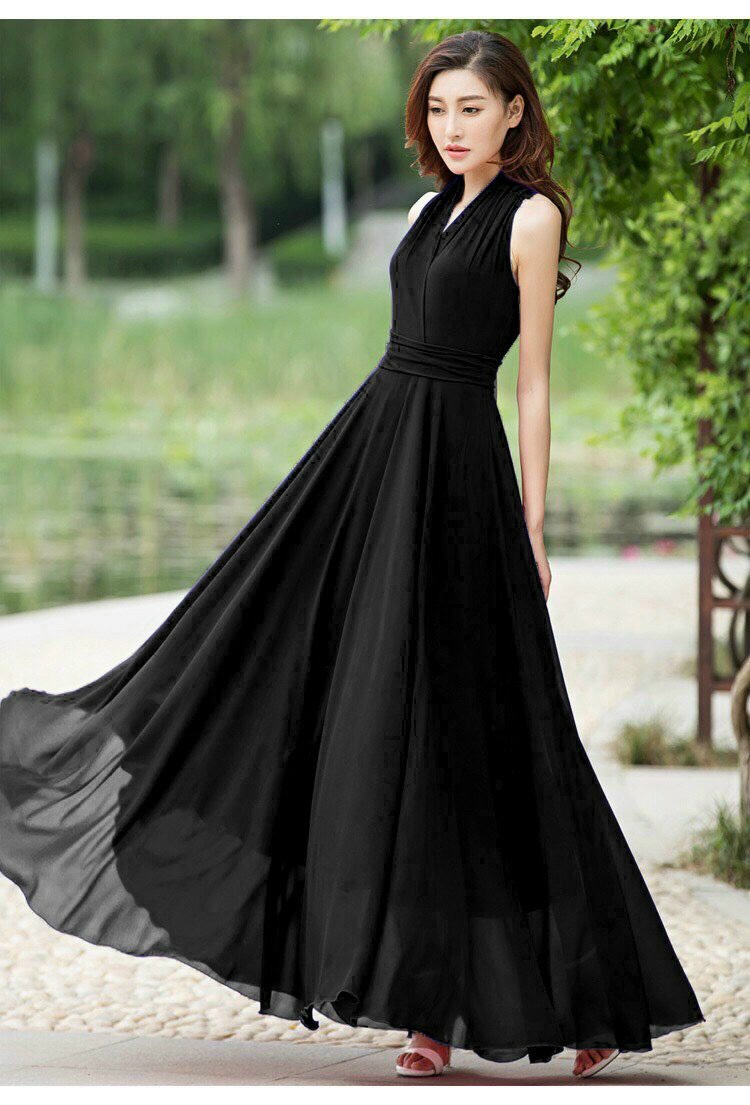 đầm maxi dài đỏ-đen cổ v sang trọng