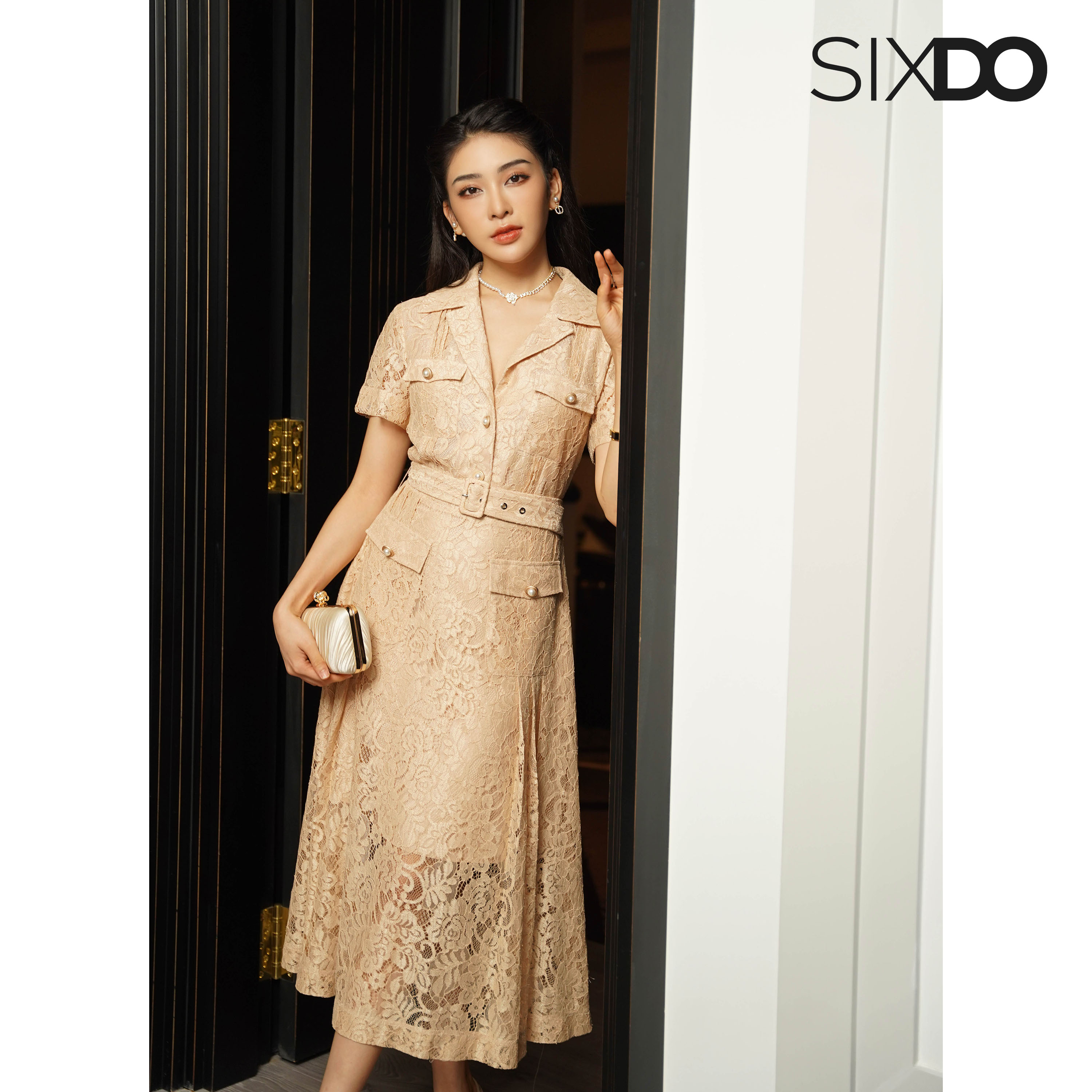 Đầm sơ mi ren phối túi thời trang SIXDO (Beige Short Sleeves Midi Lace Dress)