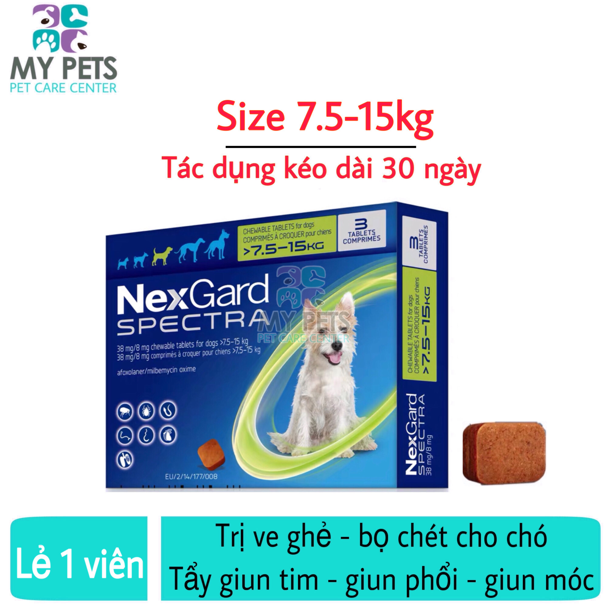 (Lẻ 1 viên - Không hộp) NEXGARD SPECTRA Thuốc trị ve ghẻ, bọ chét, demodex, tẩy giun cho chó (1 tablet 7,5-15kg - No Box)