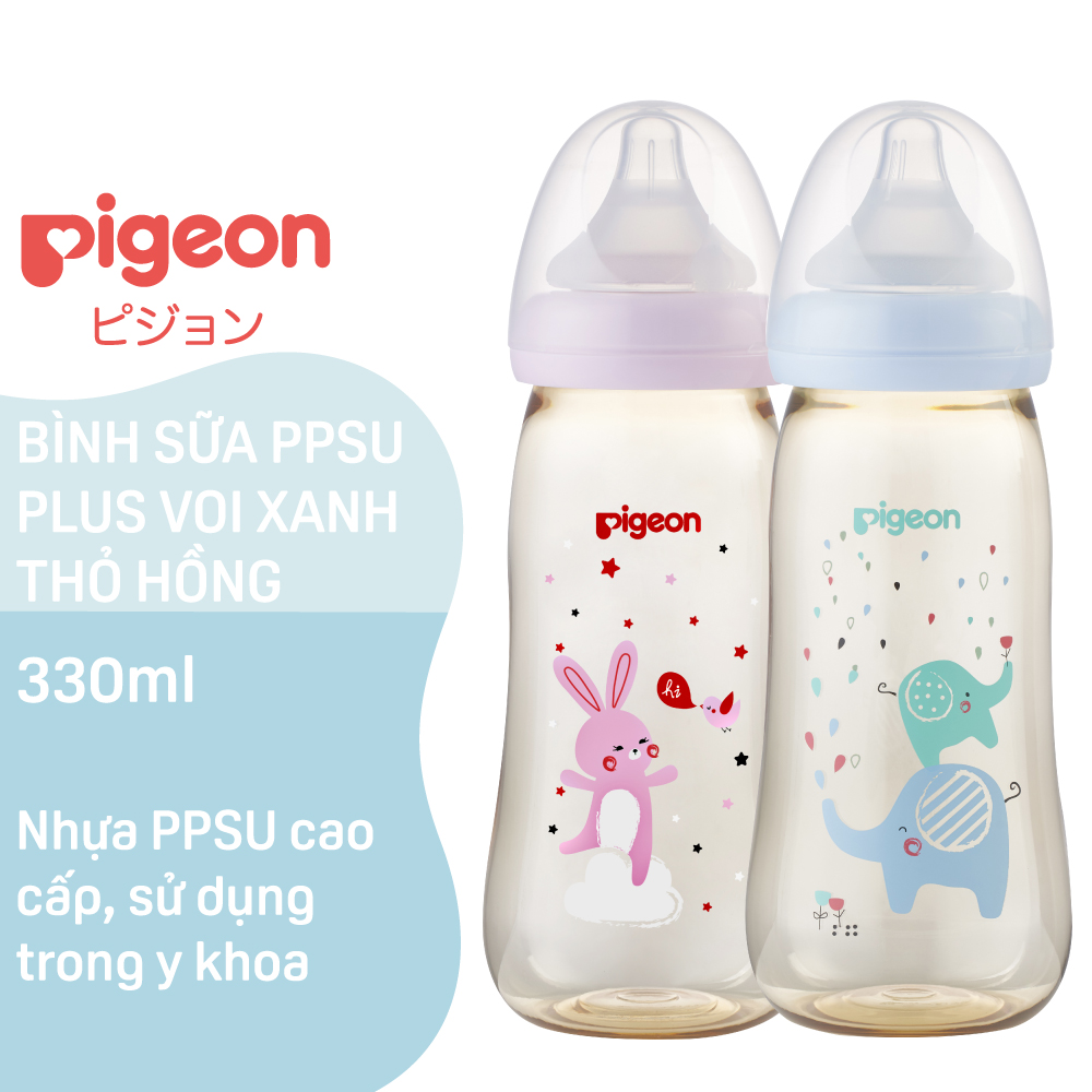 Bình Sữa Cổ Rộng PPSU Plus Thỏ Hồng Pigeon 330ml (L) -(HSD-10/2025)
