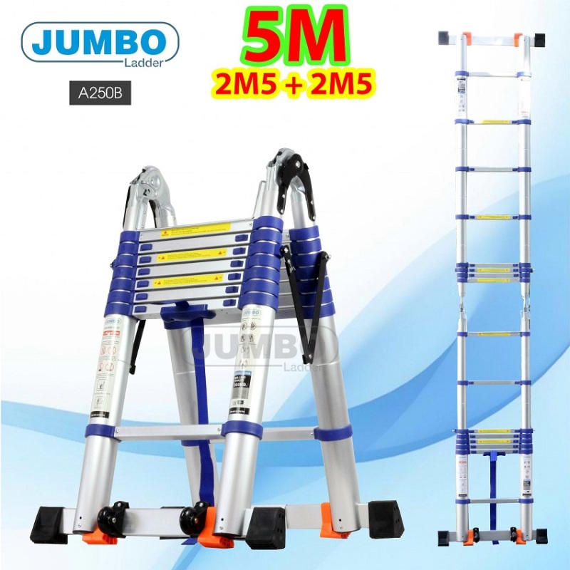 Thang nhôm rút đôi JUMBO A250B NEW 2020 - Chữ A 2,5m duỗi thẳng 5m Đai xanh - tải trọng 300kg