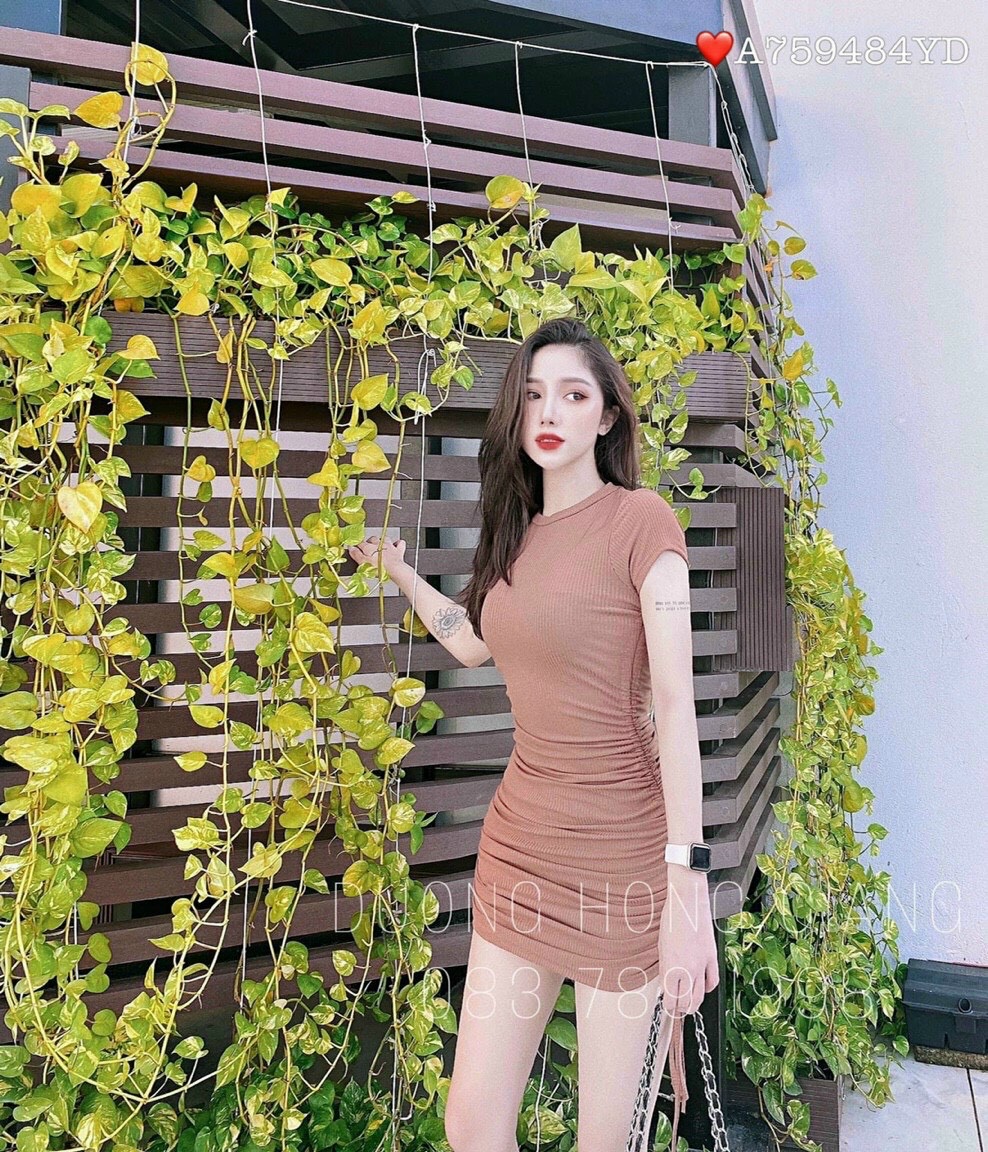 Váy đầm nữ body cổ tròn nhúm hông cột nơ