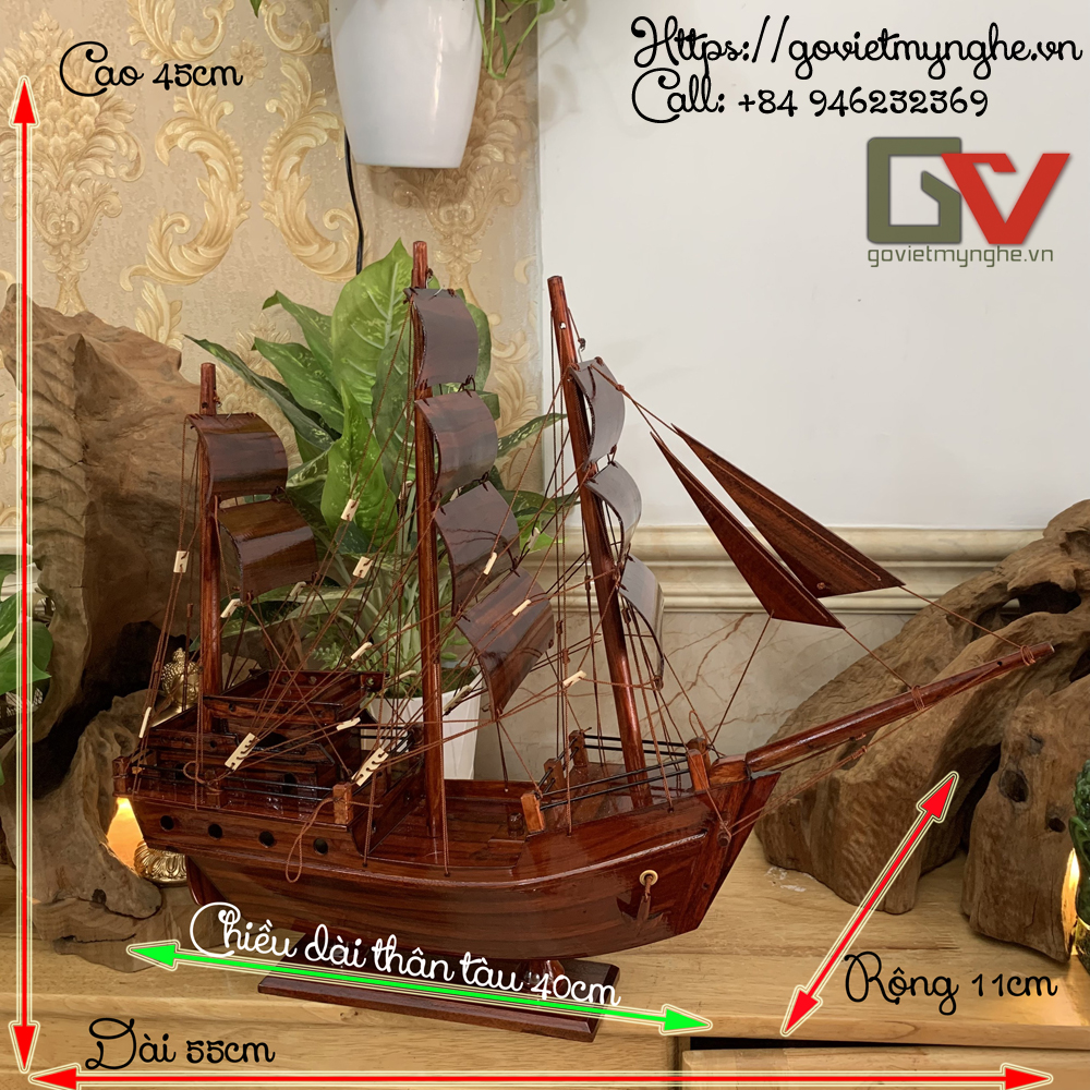 [HCM]Mô hình gỗ thuyền chở hàng/thuyền buôn Thái Lan - Thân tàu dài 40cm - Gỗ Cẩm Lai