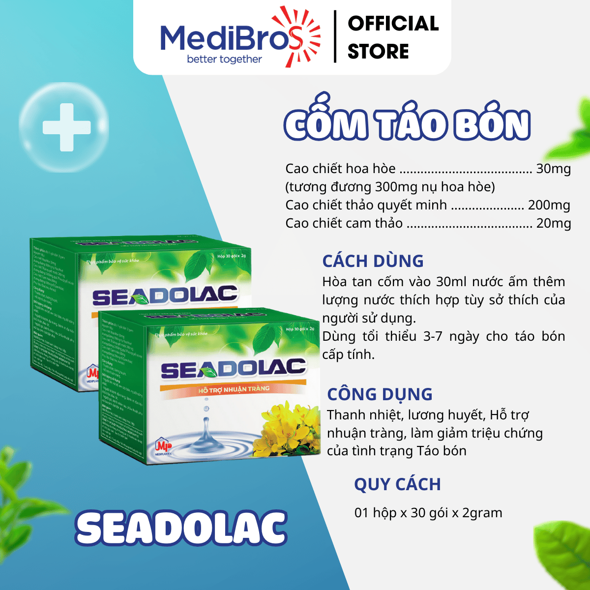 SEADOLAC GIẢM TÁO BÓN CHO TRẺ EM VÀ NGƯỜI LỚN hộp 30 gói/2g